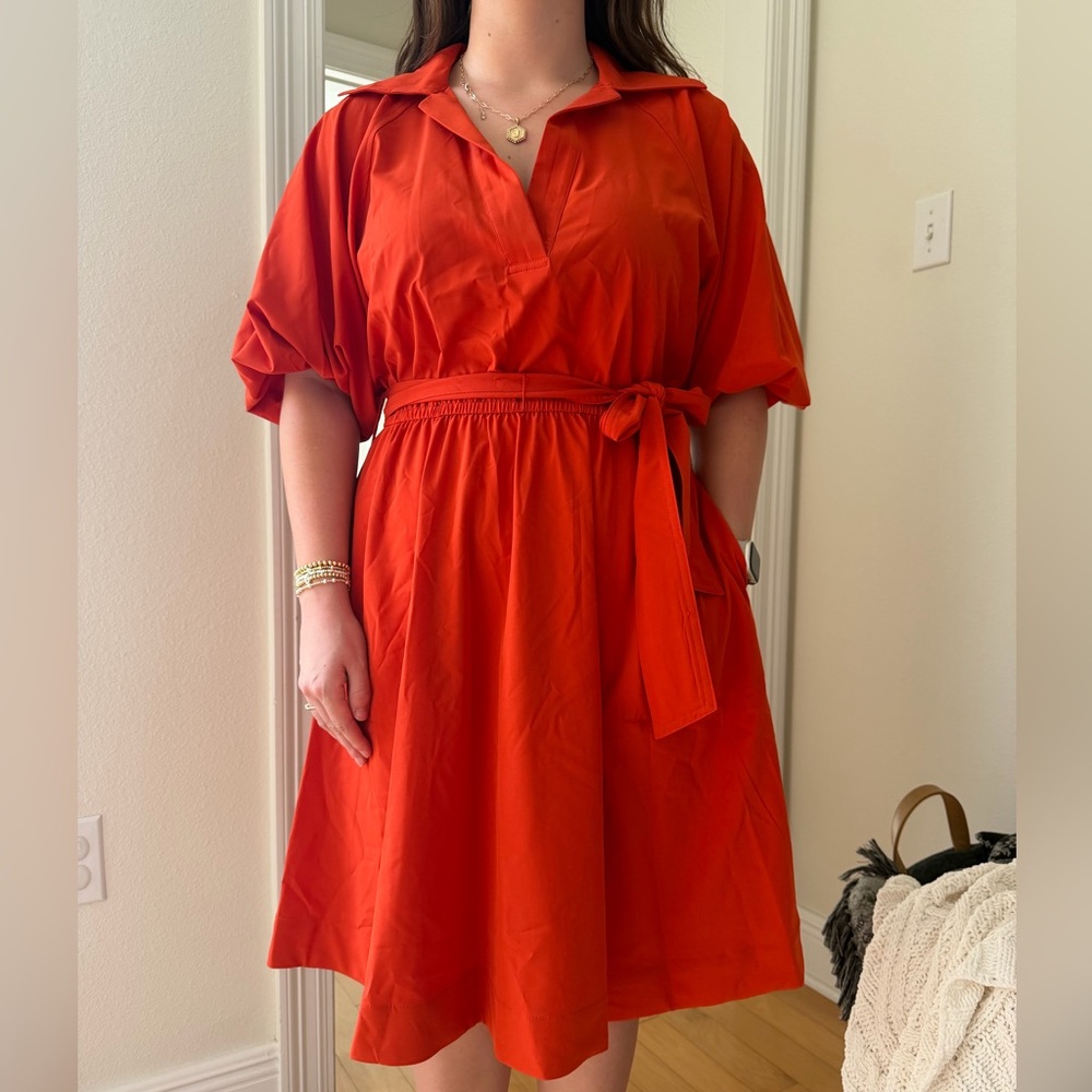 Calvin Klein Orange/Red Tie-Waist Shirt Midi Dress
